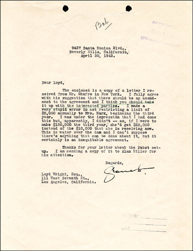 GROUCHO (JULIUS) MARX - TYPED LETTER SIGNED 04/30/1943