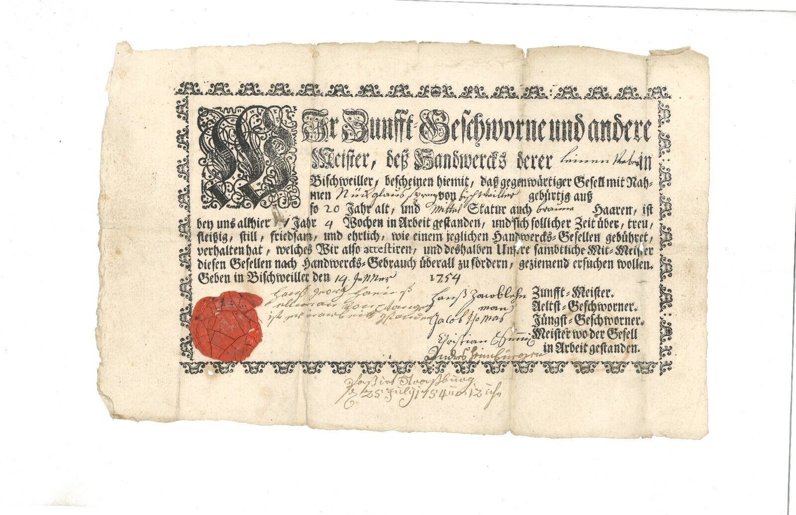 REDUCED Fraktur guild / apprentice certificate Strassburg, Alsace 1754.