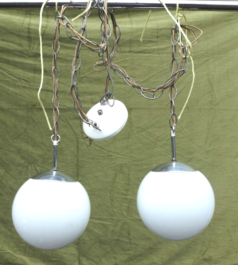 Cir Early 50s Double Swag Lamp Light White Glass Globe Chrome Ceilling Swag Lamp