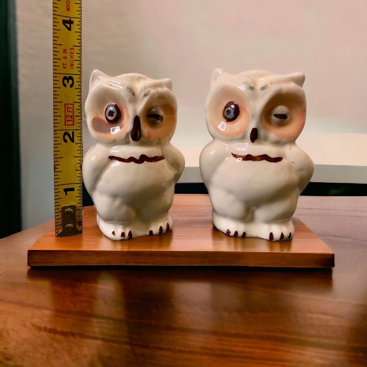 Vintage 1940\'s Shawnee Pottery Winking Owl salt and pepper shakers. USA made