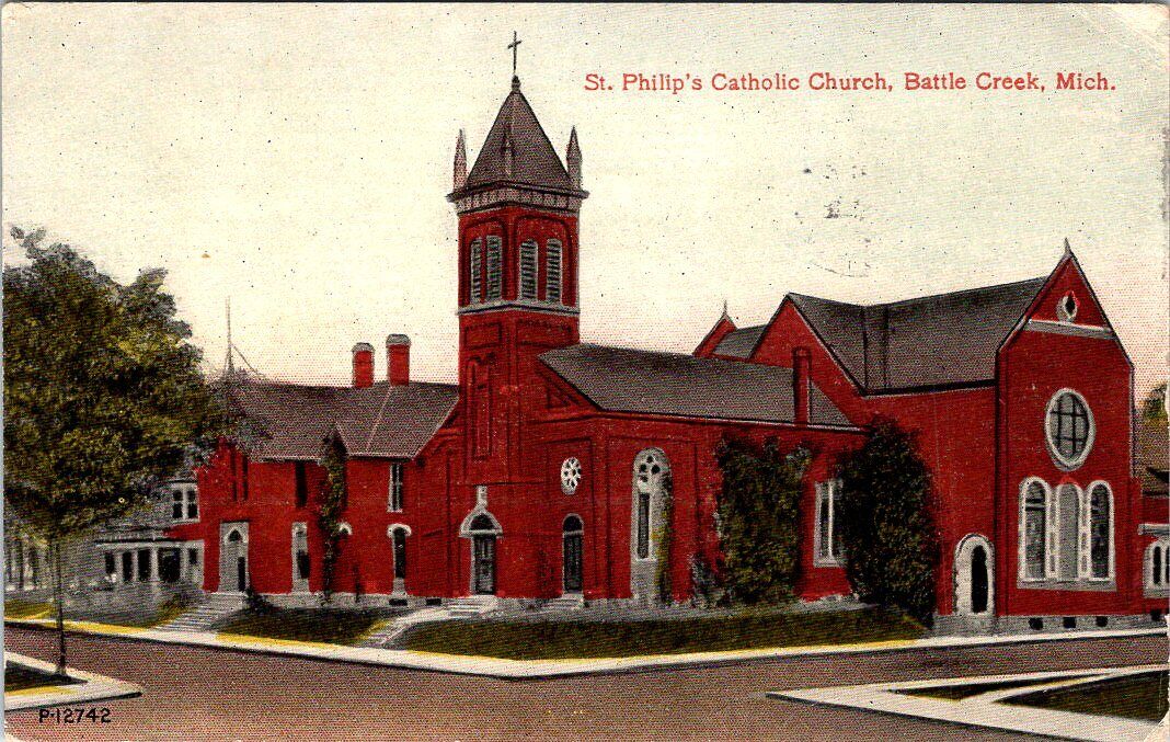 1913, St. Philip\'s Catholic Church, BATTLE CREEK, Michigan Postcard