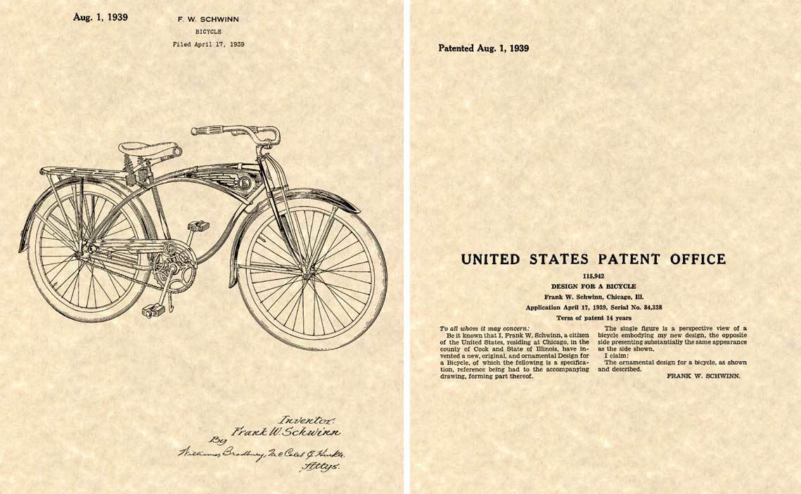Vintage SCHWINN BICYCLE US Patent 1939 Art Print READY TO FRAME bike