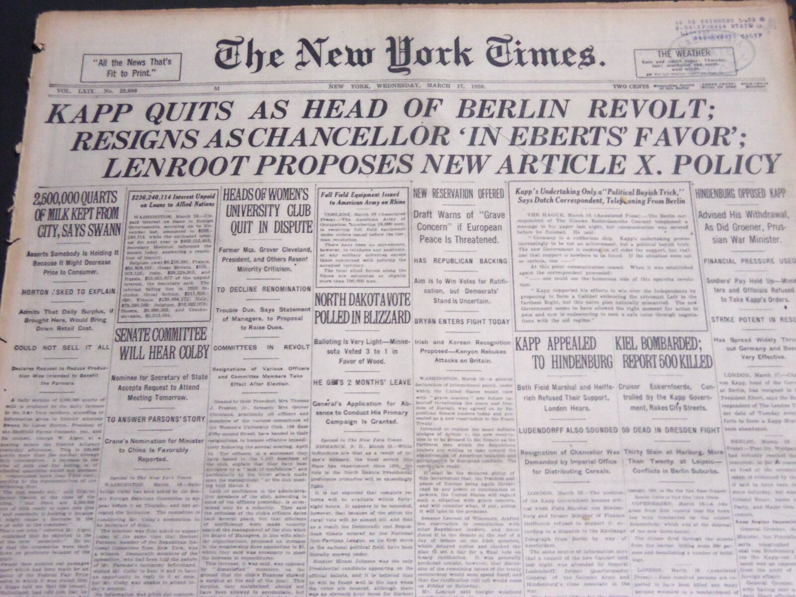 1920 MARCH 17 NEW YORK TIMES - KAPP QUITS AS HEAD OF BERLIN REVOLT - NT 6767