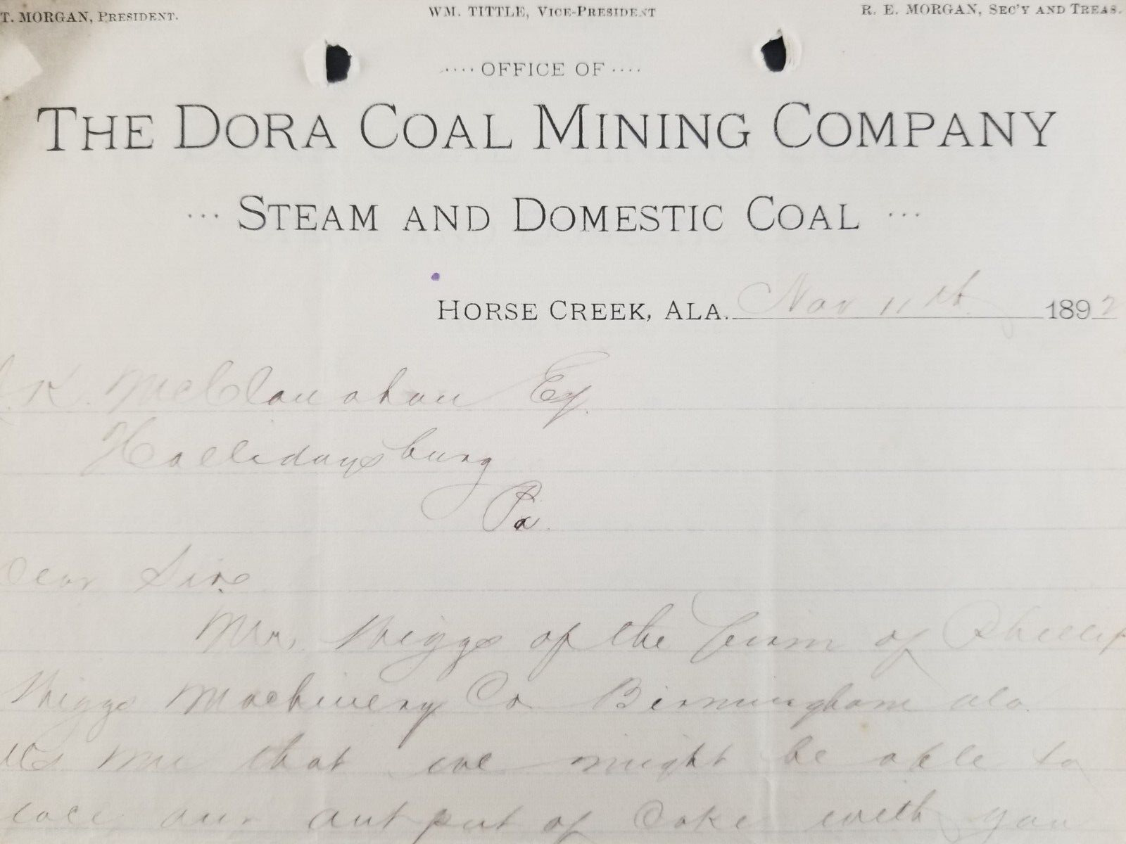 Antique 1892 Dora Coal Mining Company Horse Creek Alabama Letterhead