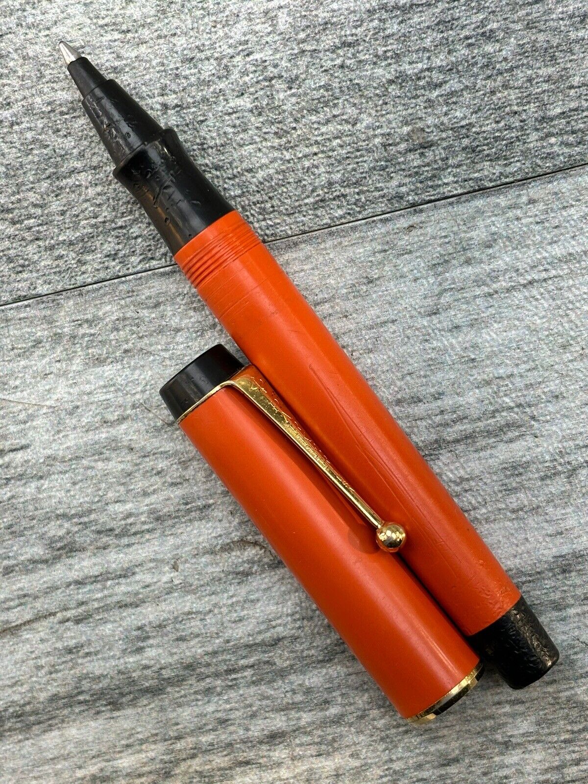VTG Parker BIG RED Ballpoint Pen Orange BLACK Gold Trim Made In USA