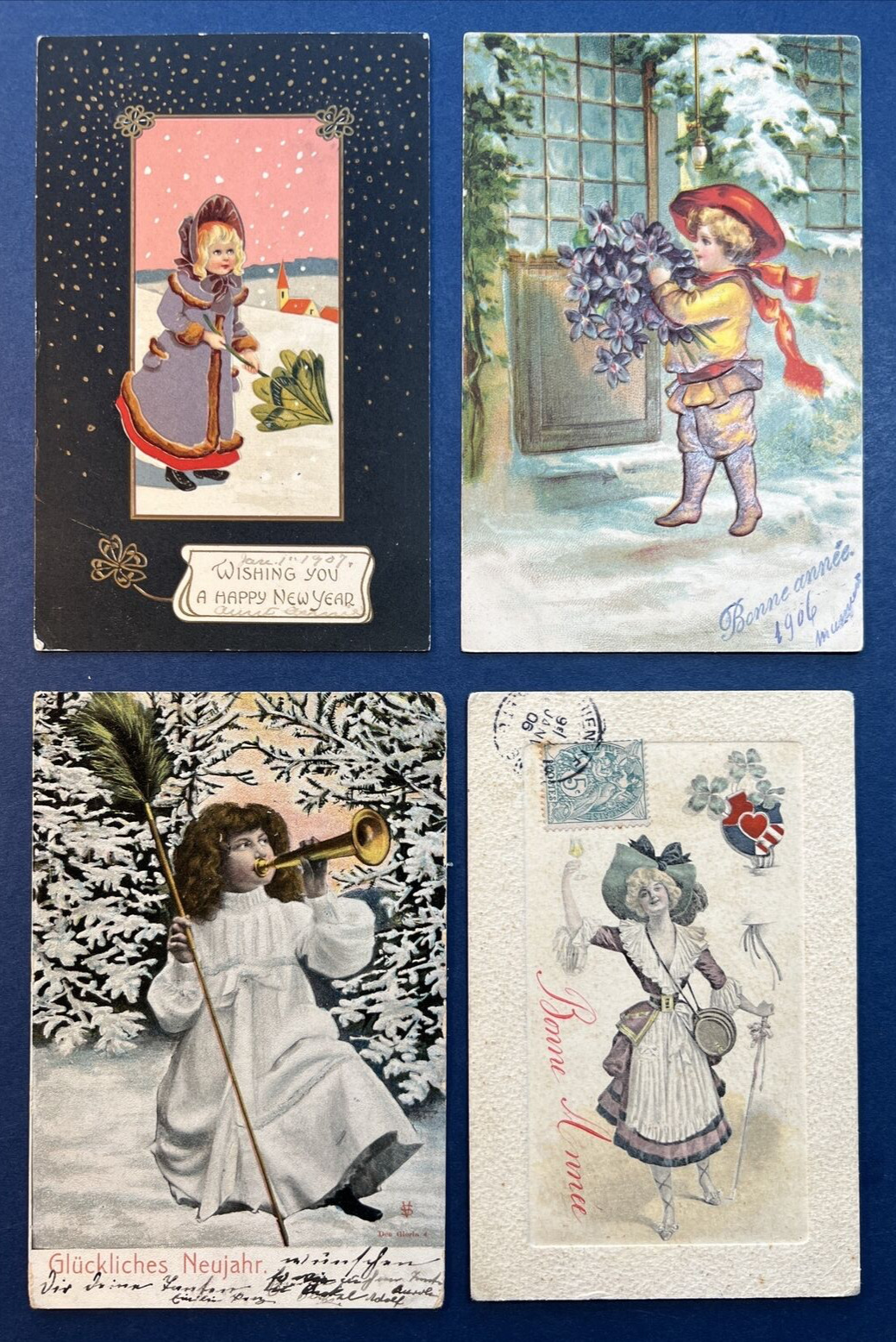 4 Children & Pretty Lady New Year Antique Postcards, EMB, UND Backs, 1906-07 era