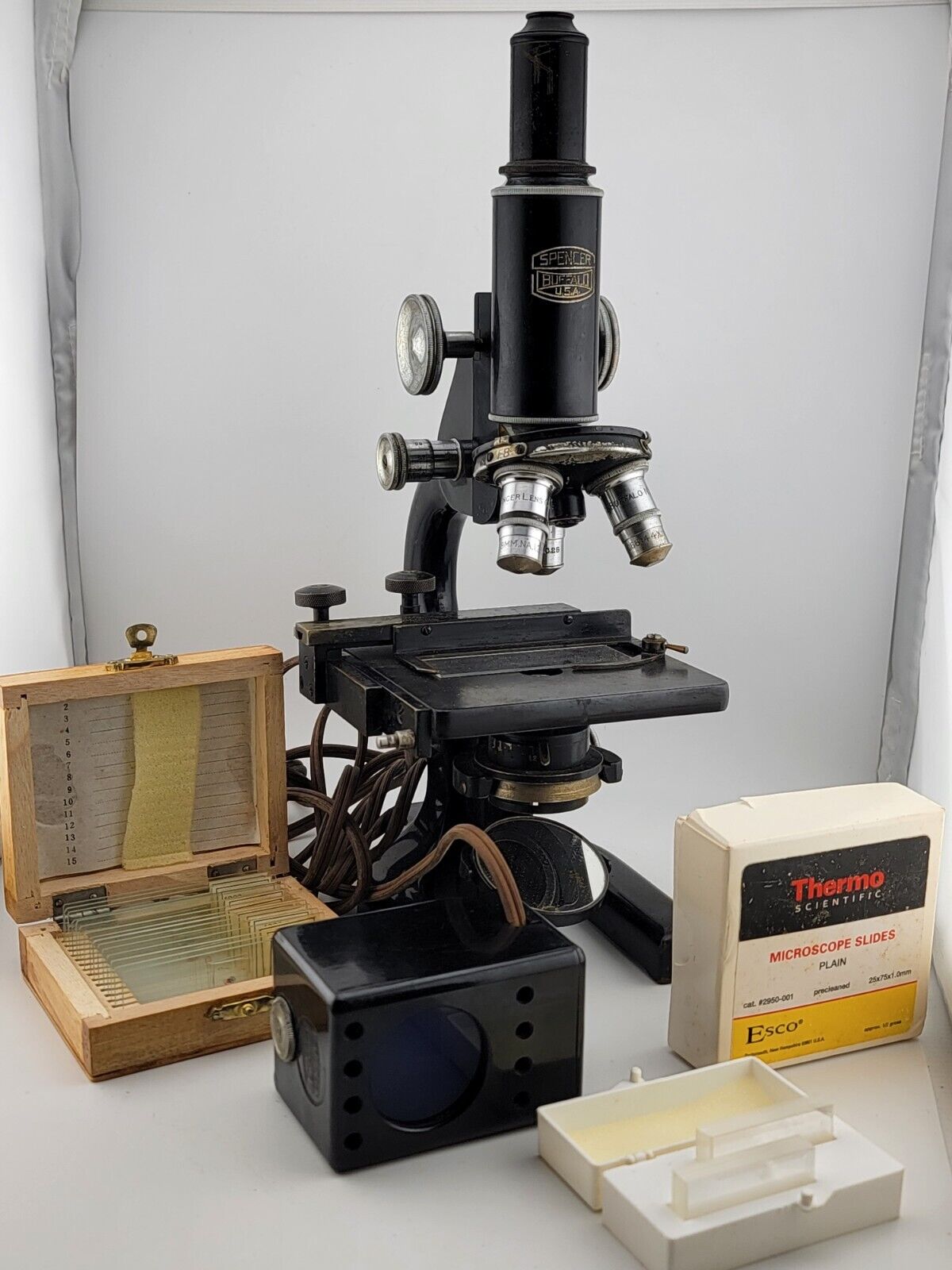 Large Vintage/Antique Spencer Buffalo USA Microscope W/Case & Multiple Parts