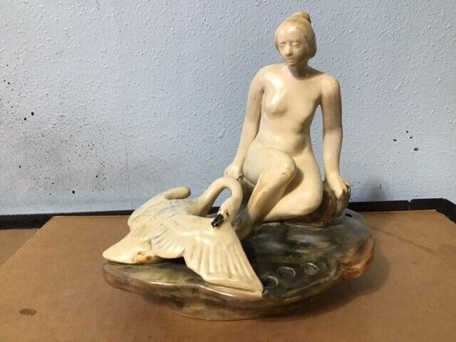 Weller Muskota Leda Nude Lady and Swan  on Rock Nude Frog Figural 1920\'s