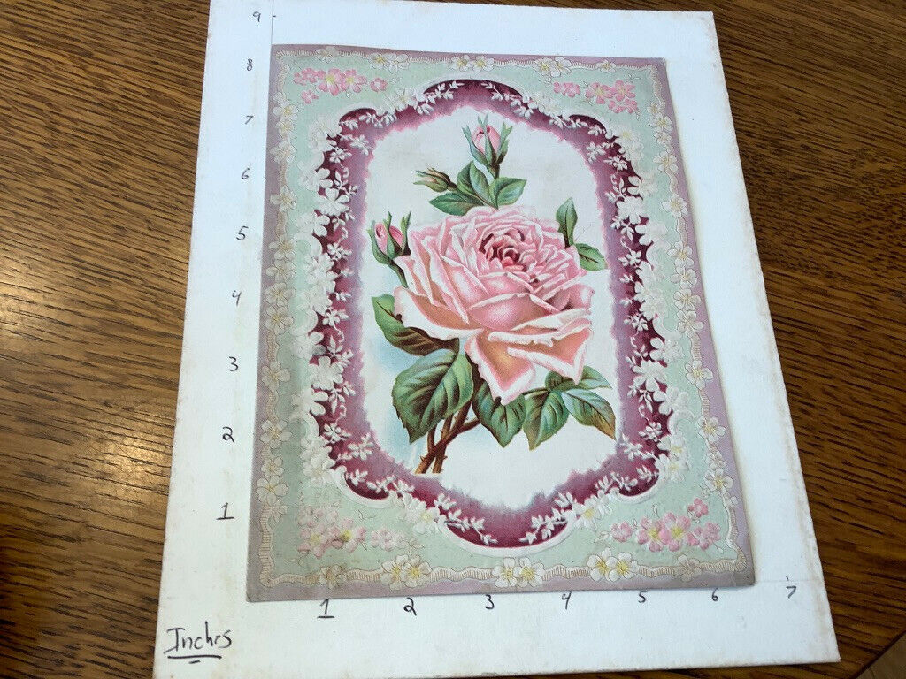 Vintage Original - EMBOSSED PAPER CARD -- ROSE w flower borders, names on back
