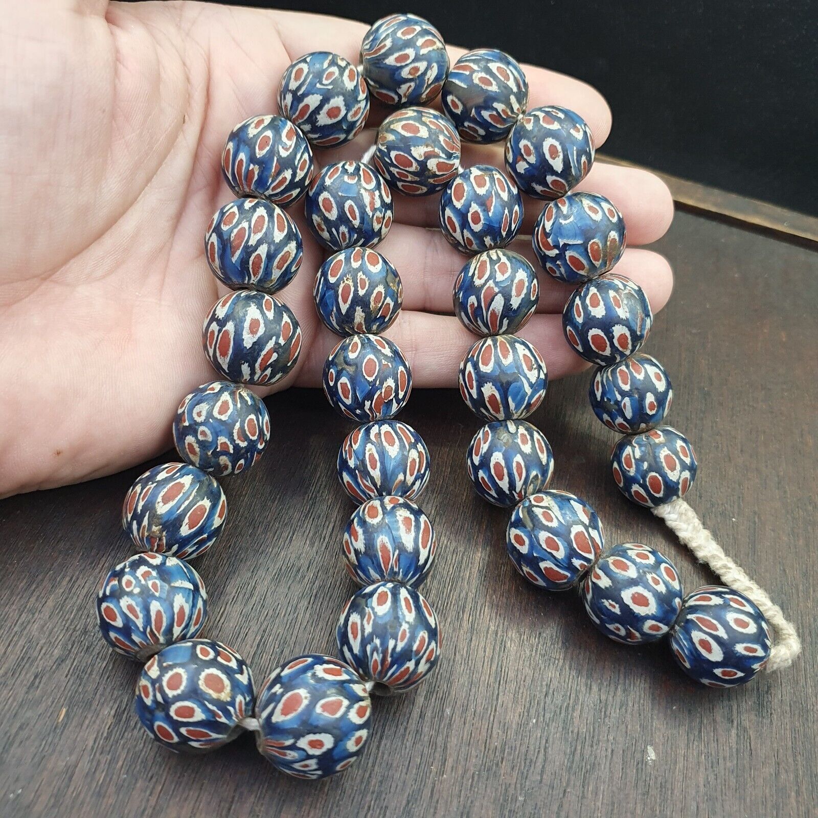 AA Vintage Antique Blues Gabri Red Eyes Glass Beads Strand 19mm