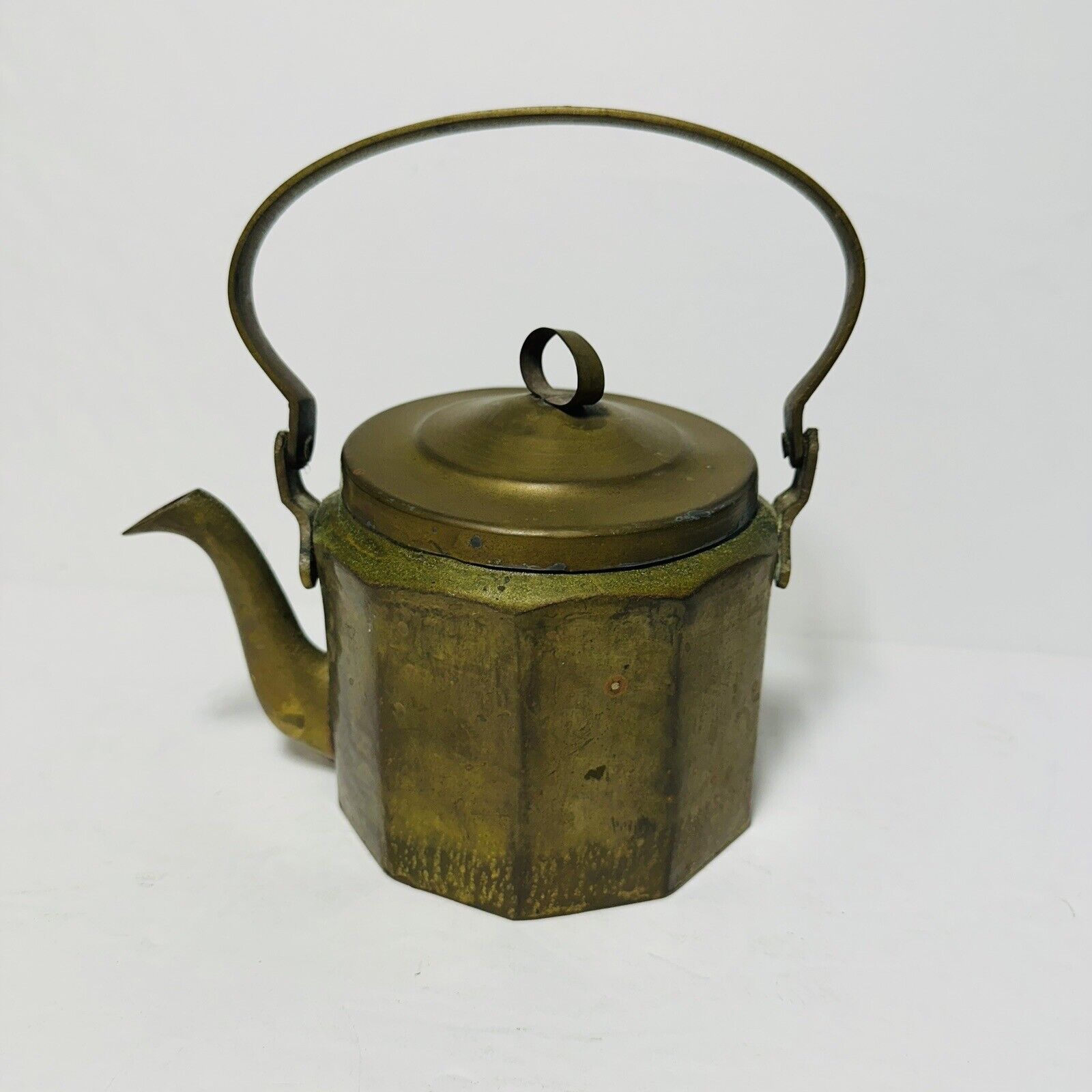 Vintage Tea Kettle Brass Aluminum Decagon 10-sided Gooseneck Spout w/Handle Lid