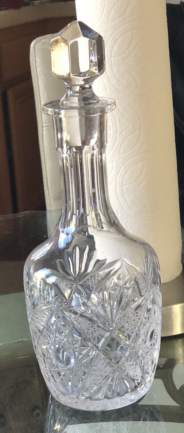 Vintage Decanter Crystal  11” tall. Hand Engraved.