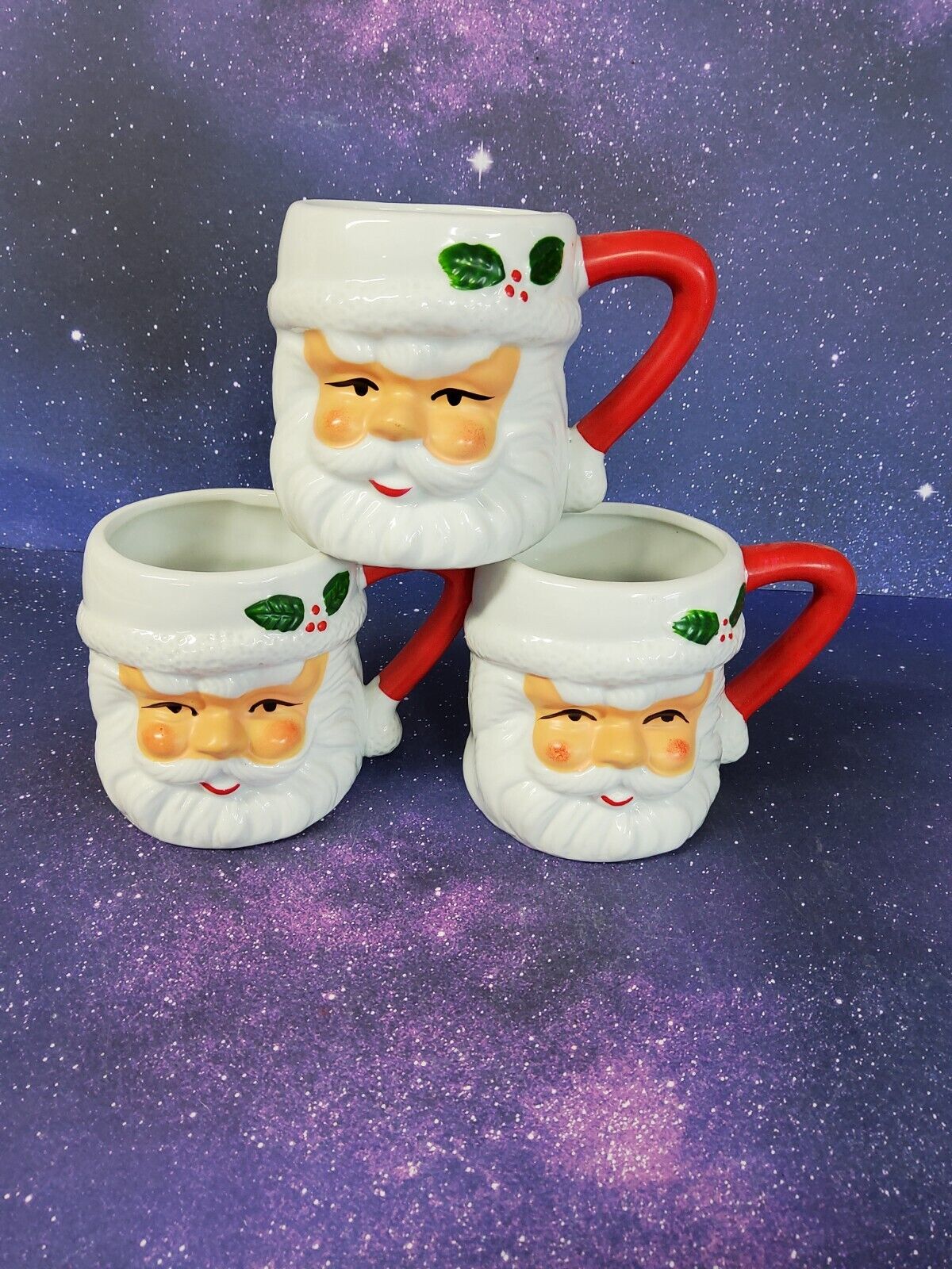 Vintage Lot of 3 Mini Ceramic Santa Claus Christmas Shot Glass Size Mug