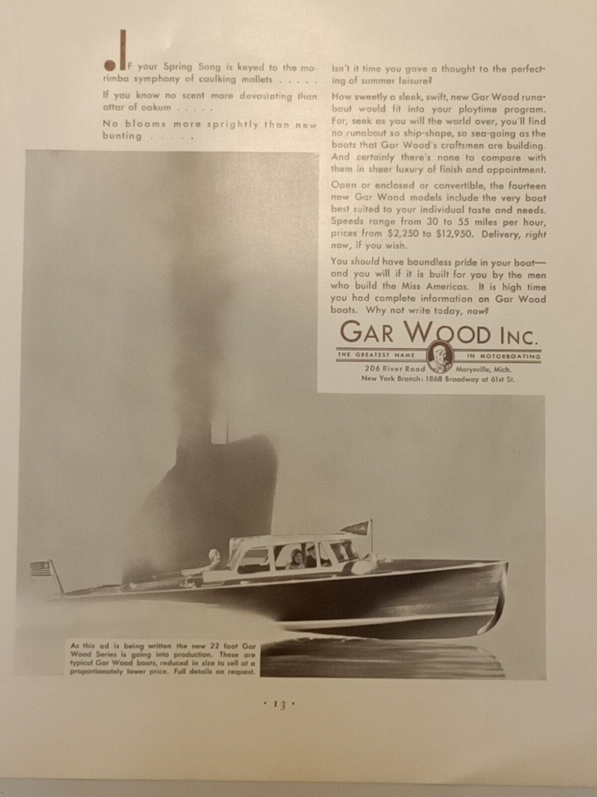 1930 Gar Wood Inc. Motorboat Fortune Magazine Print Advertising Tearsheet Cruise