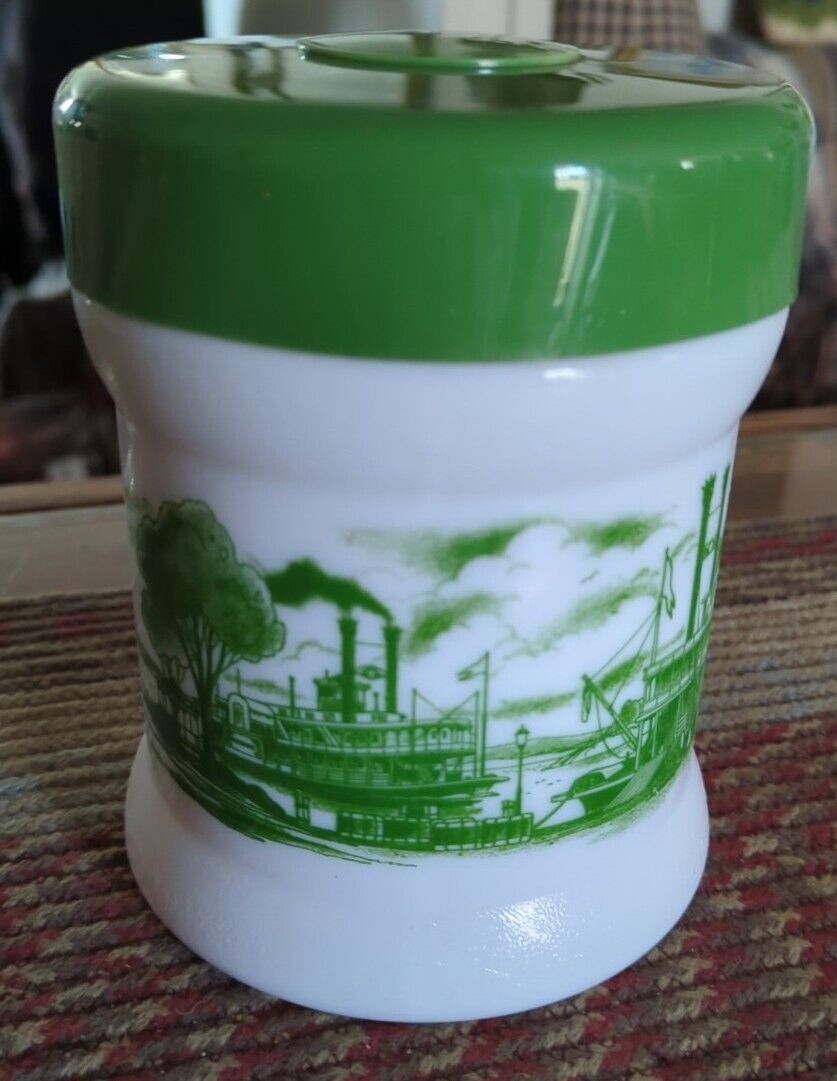 Vintage Heavy Milk Glass Tobacco Jar with River Boat Scene Very Nice