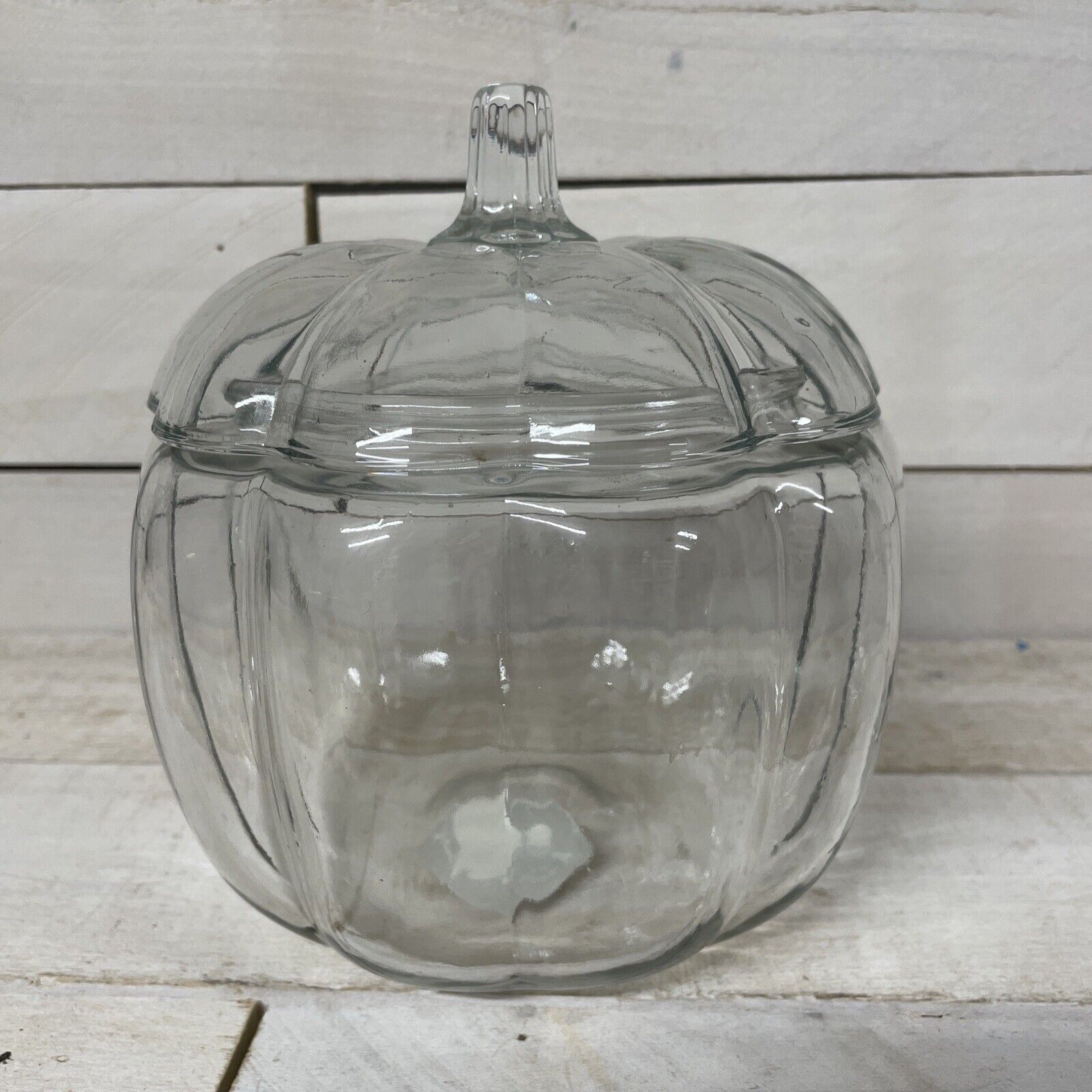 Anchor Hocking Vintage Pumpkin Shaped Cookie Candy Jar With Lid Clear Glass