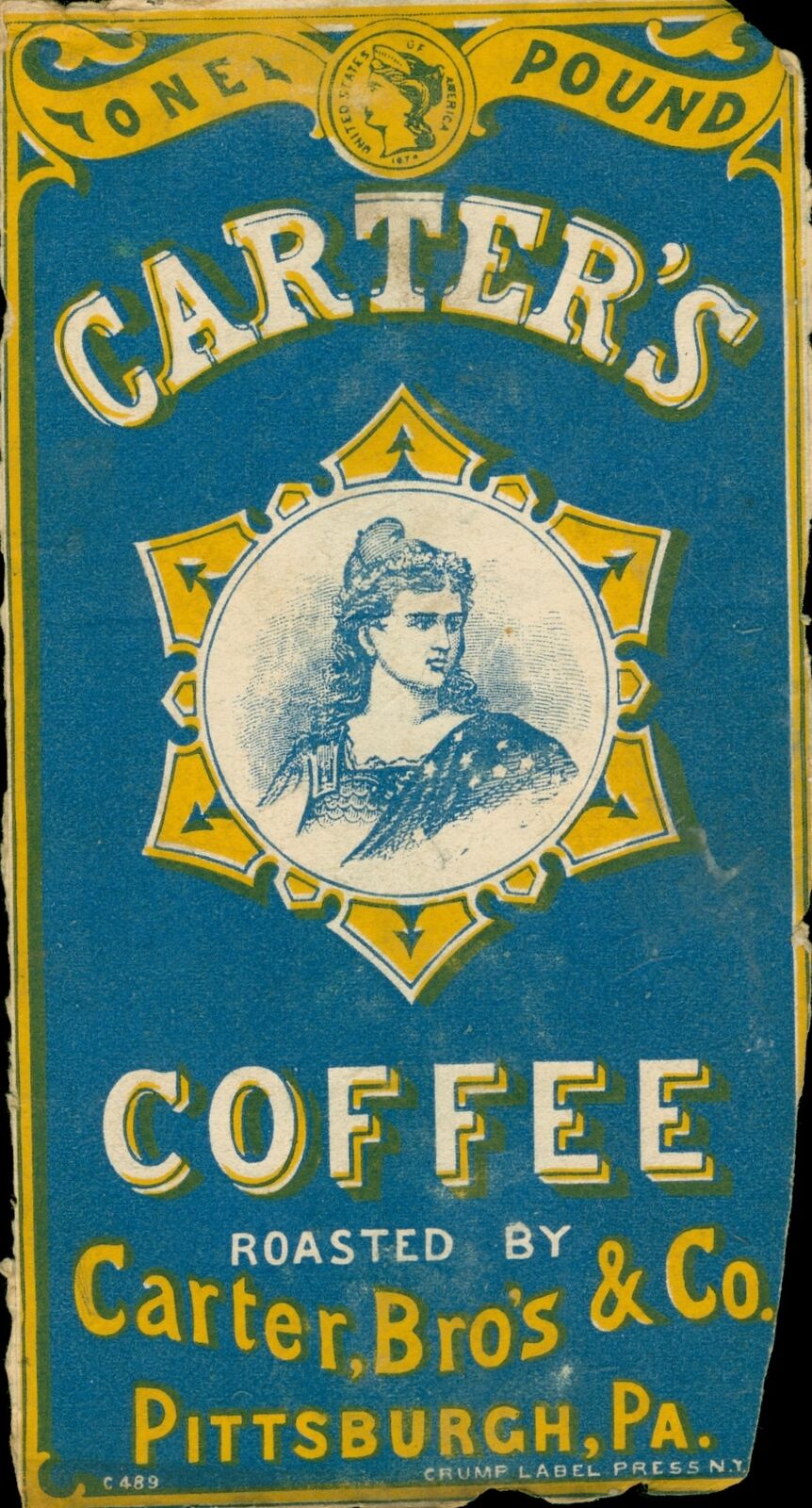 c1875 Carter\'s Coffee Pittsburgh PA One Pound Label Carter, Bros, & Co. Roasters