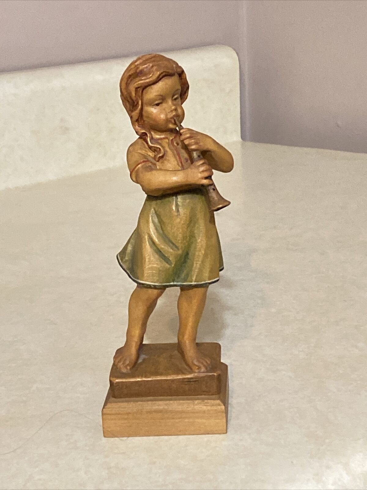 Anri Wood Carving Girl with Clarinet Instrument 