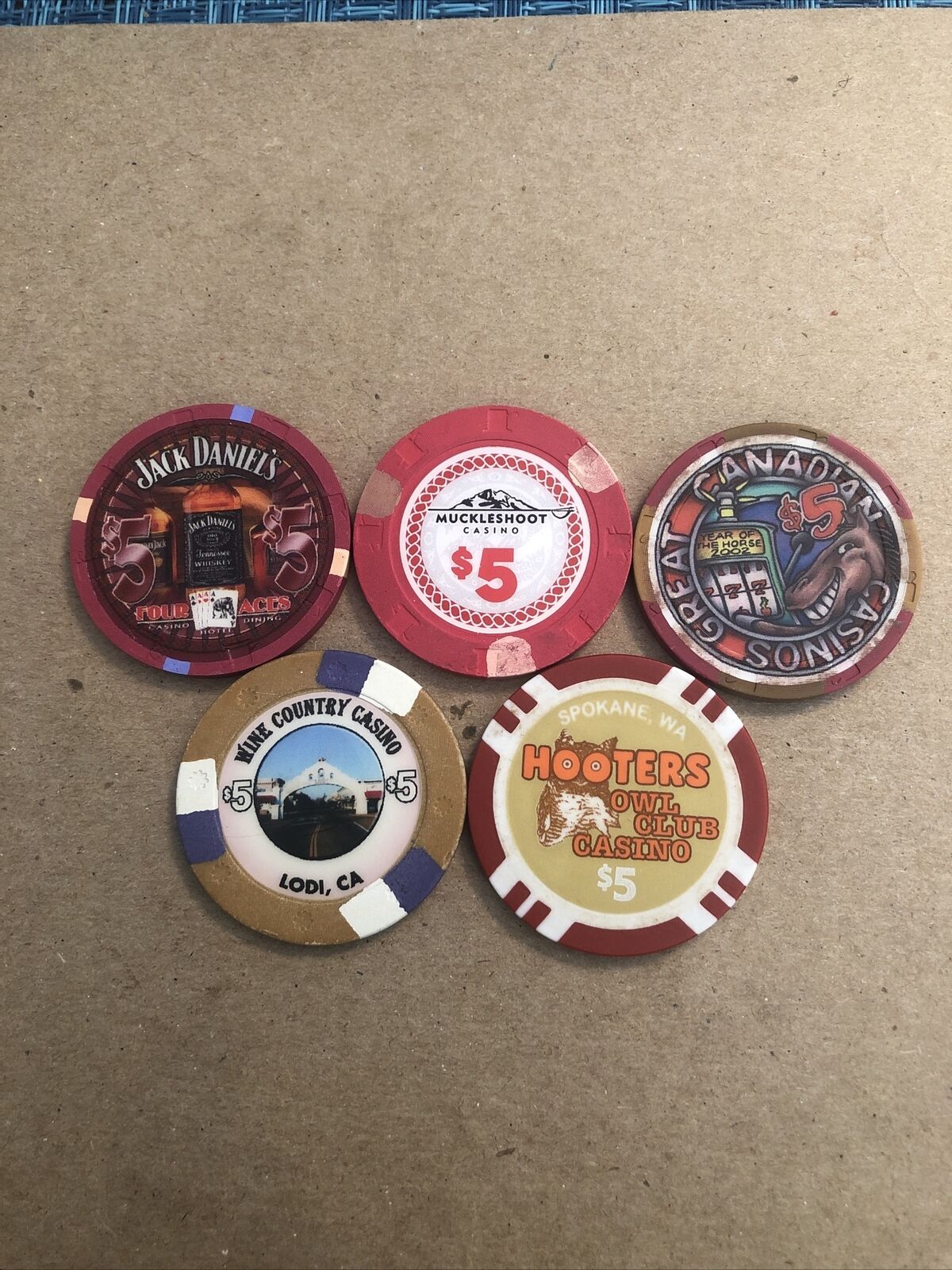 Lot Of 5 $5 Casino Chips Various Locations