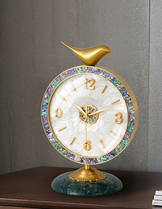 Desk Clock Decorated Gold Bird Case Made Of Brass and Inlaid With Pearl Shells