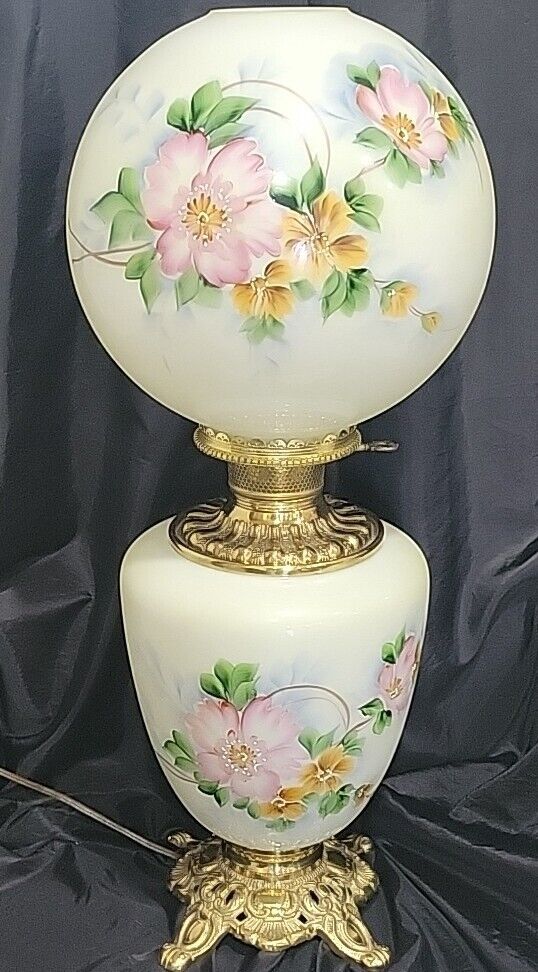 VINTAGE ROCHESTER VICTORIAN HAND PAINTED DOGWOOD FLOWERS GWTW LAMP 3WAY 25,5\
