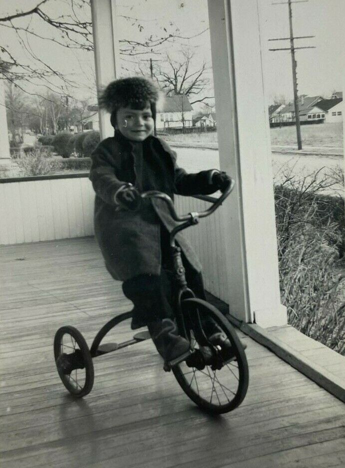 Boy Riding Tricycle On Porch B&W Photograph 3.5 x 5