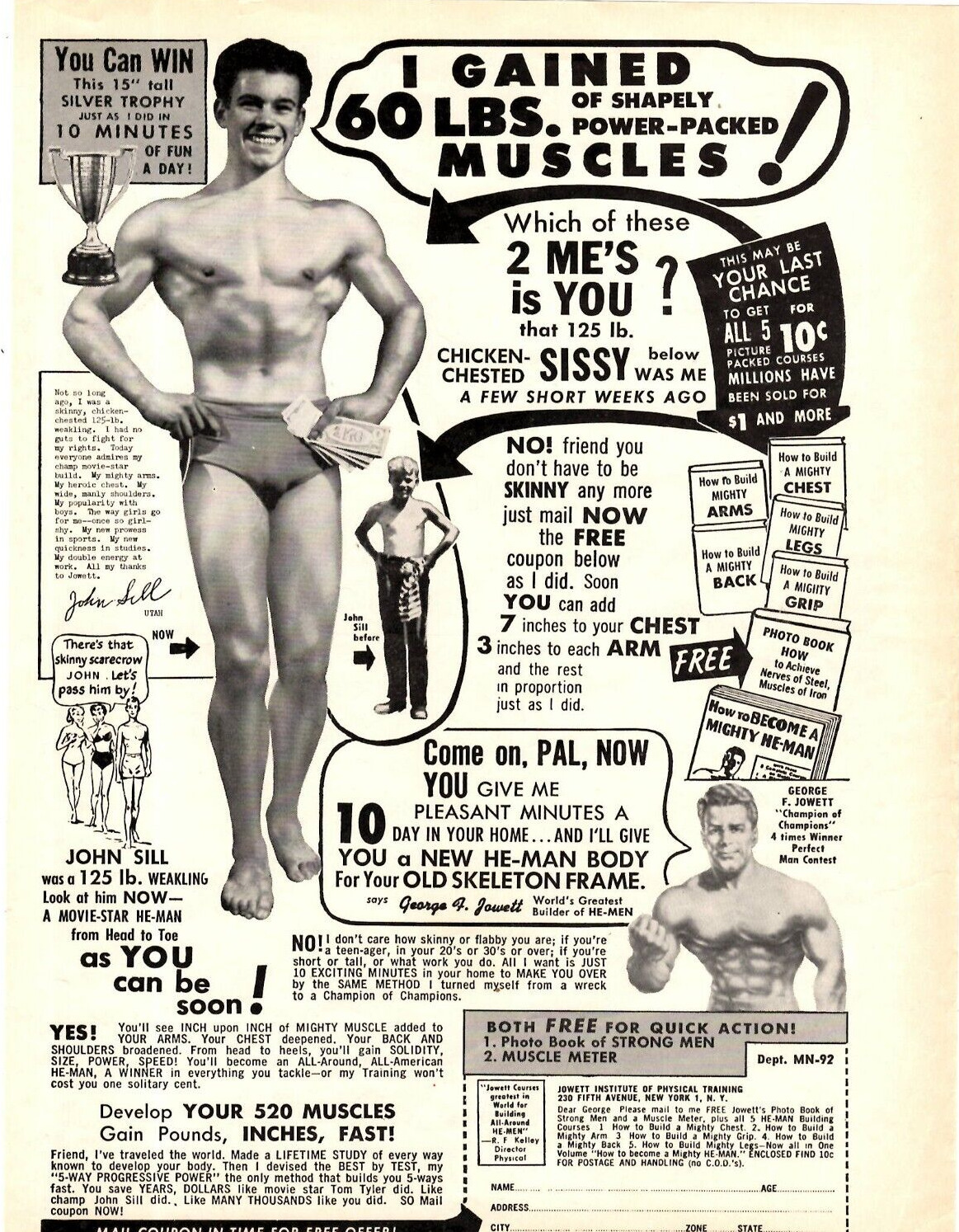 1959 Print Ad Jowett Institute of Physical Training Chicken Chested Sissy Muscle