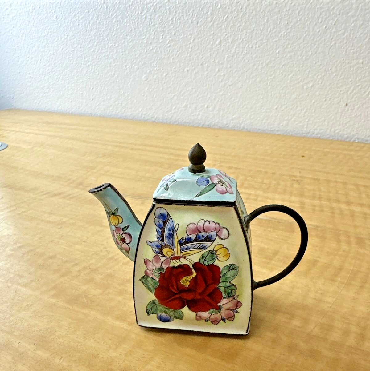 VINTAGE ENAMELED COPPER MINIATURE TEAPOT-BUTTERFLY And FLOWERS