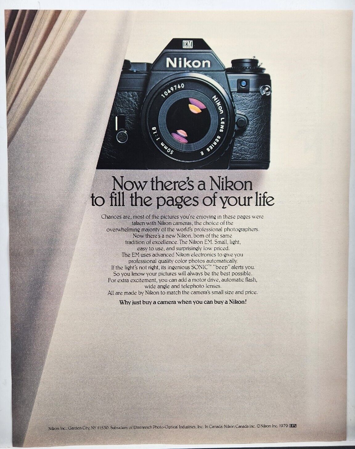 1980 Nikon EM To Fill The Pages Of Your Life Vintage Print Ad