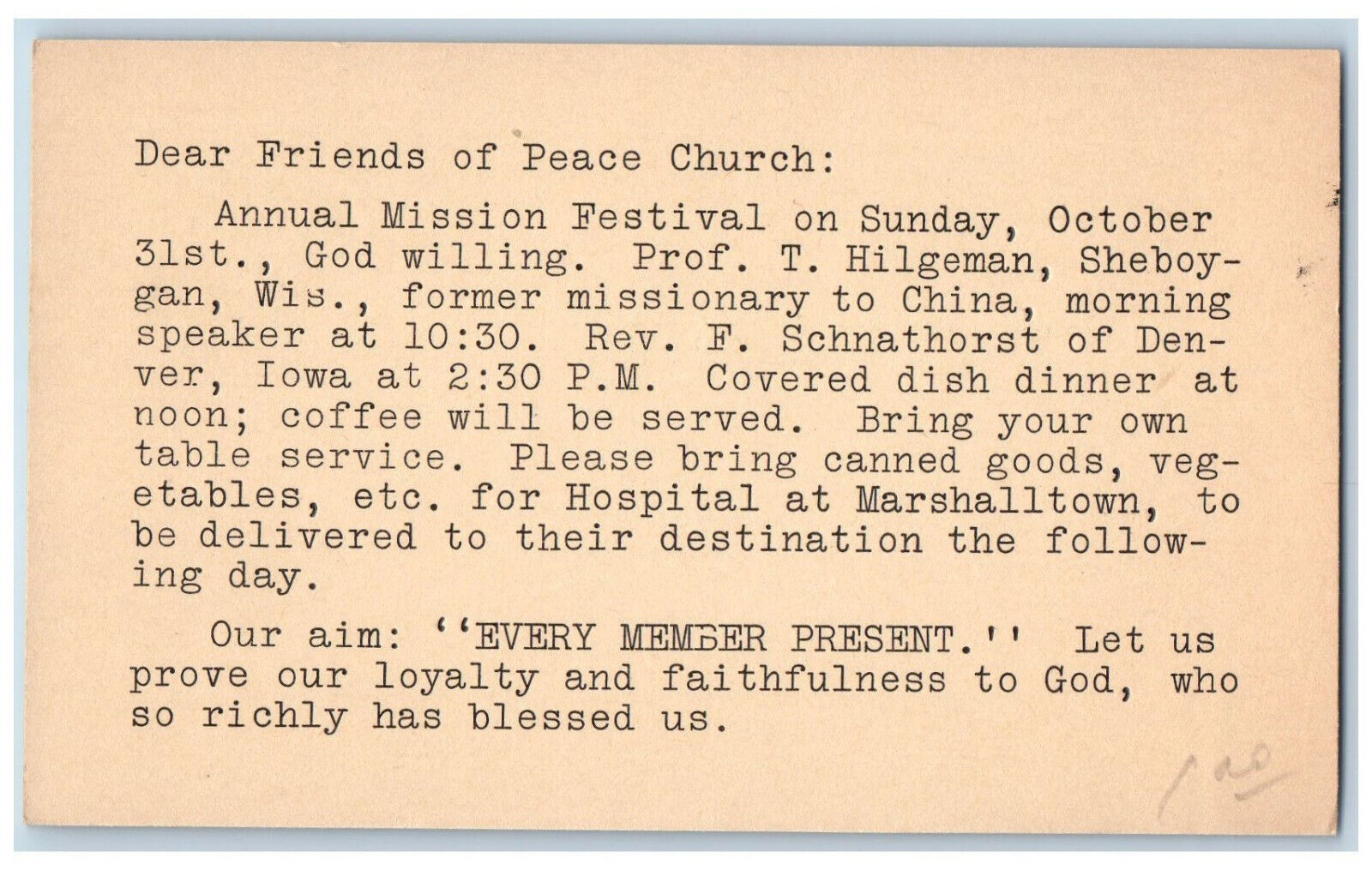 Denver IA Postal Letter to Friends of Peace Church Every Member Present c1940's