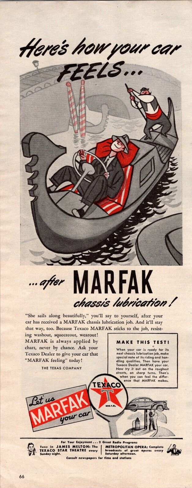 Texaco 1945 WW2 Print Ad Marfax Chassis Lubrication Gondola 2 Radio Programs