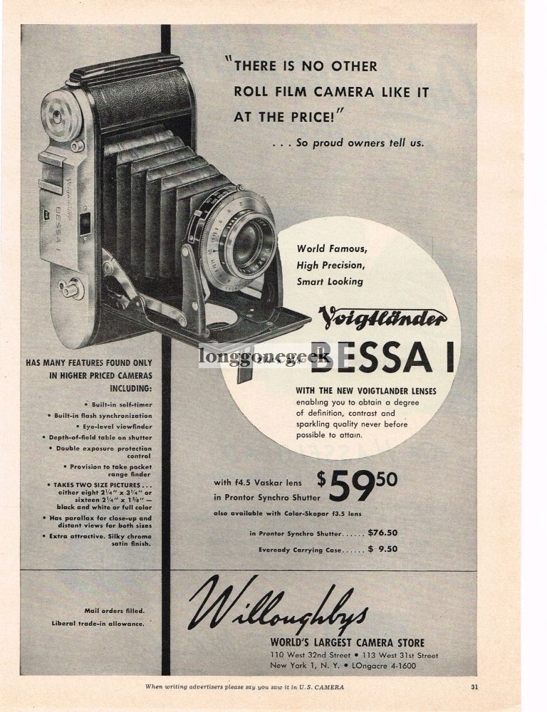 1952 Voigtlander Bessa I Range Finder Folding Camera Vintage Ad 