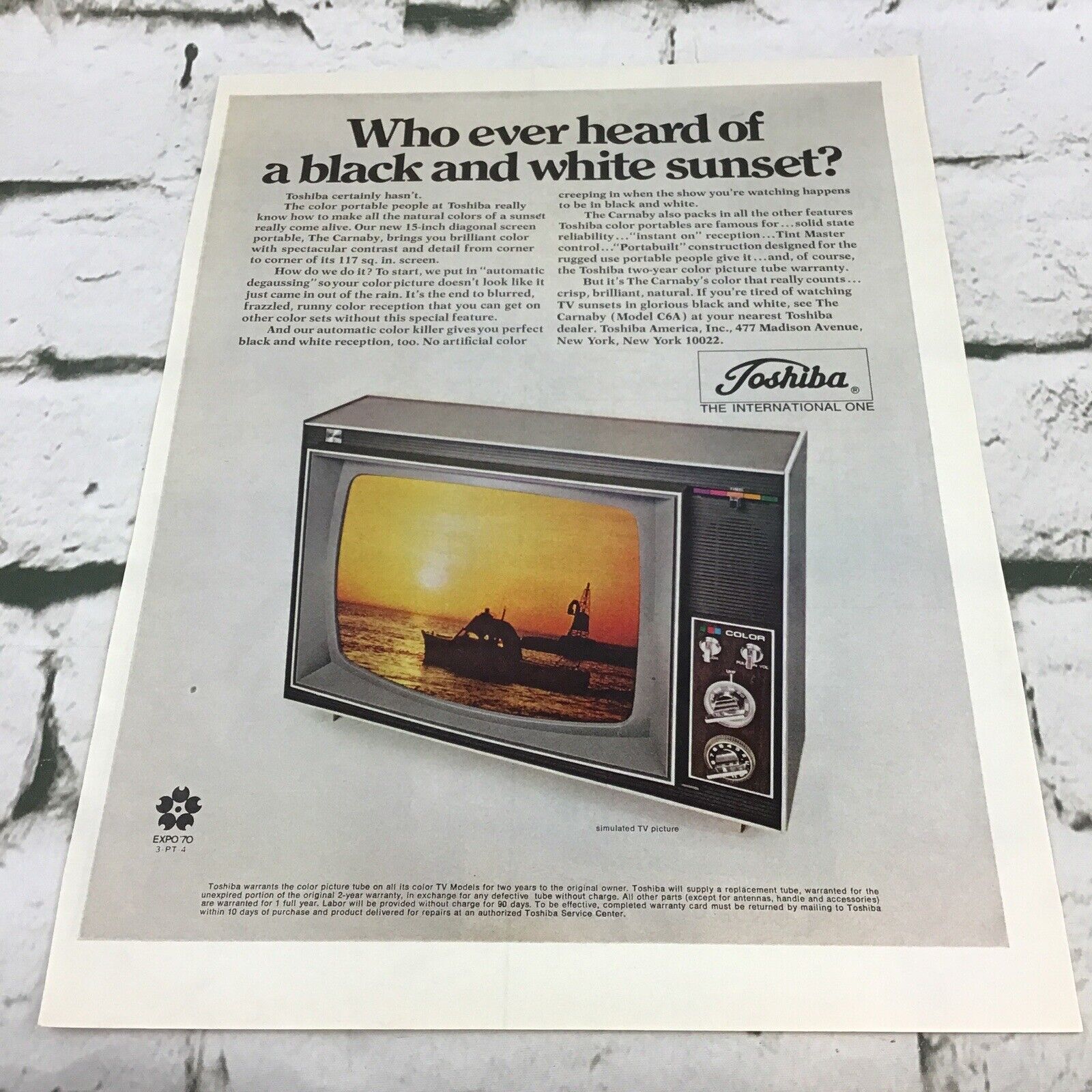 Vintage 1969 Toshiba Color Television Set Advertising Art Collectible Print Ad 