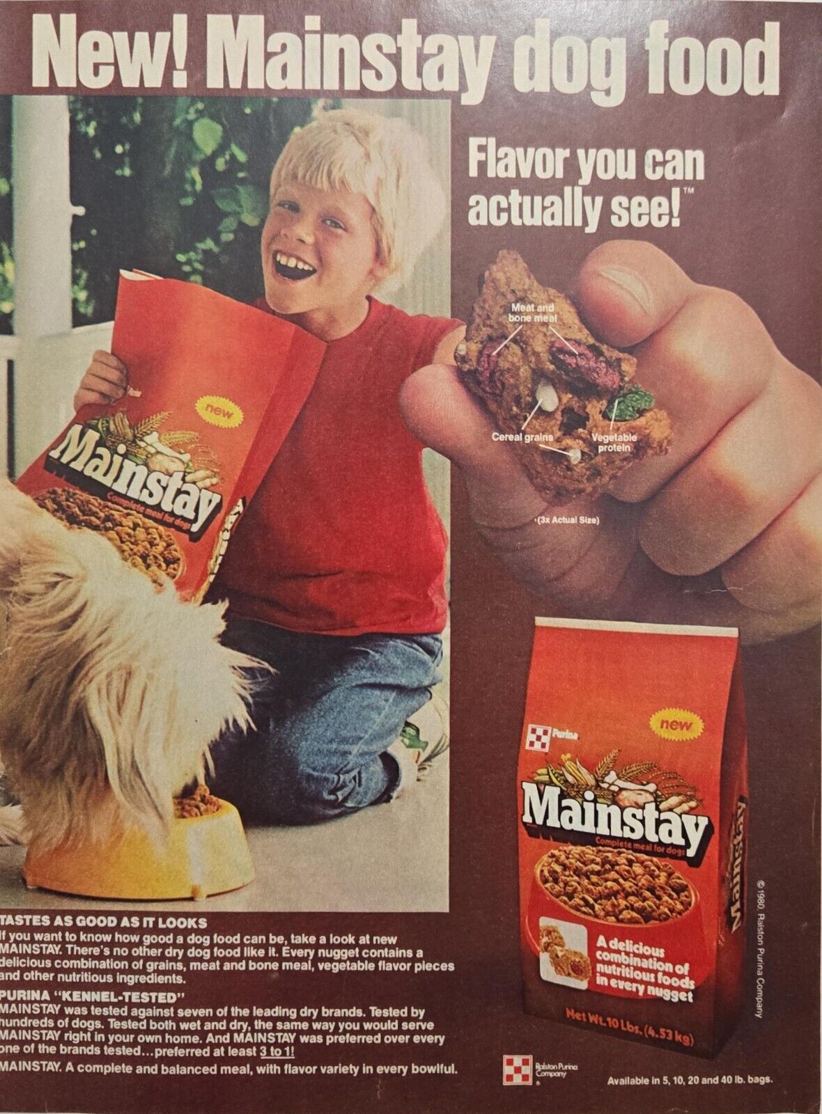 1980 Vintage Print Ad Purina Mainstay Dog Food Flavor You Can See Blonde Boy&Dog