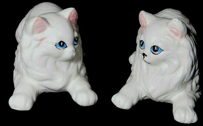 VTG Cat Figurines Pair 1980s Large 10.5” Ceramic White Long Hair Kittens Japan
