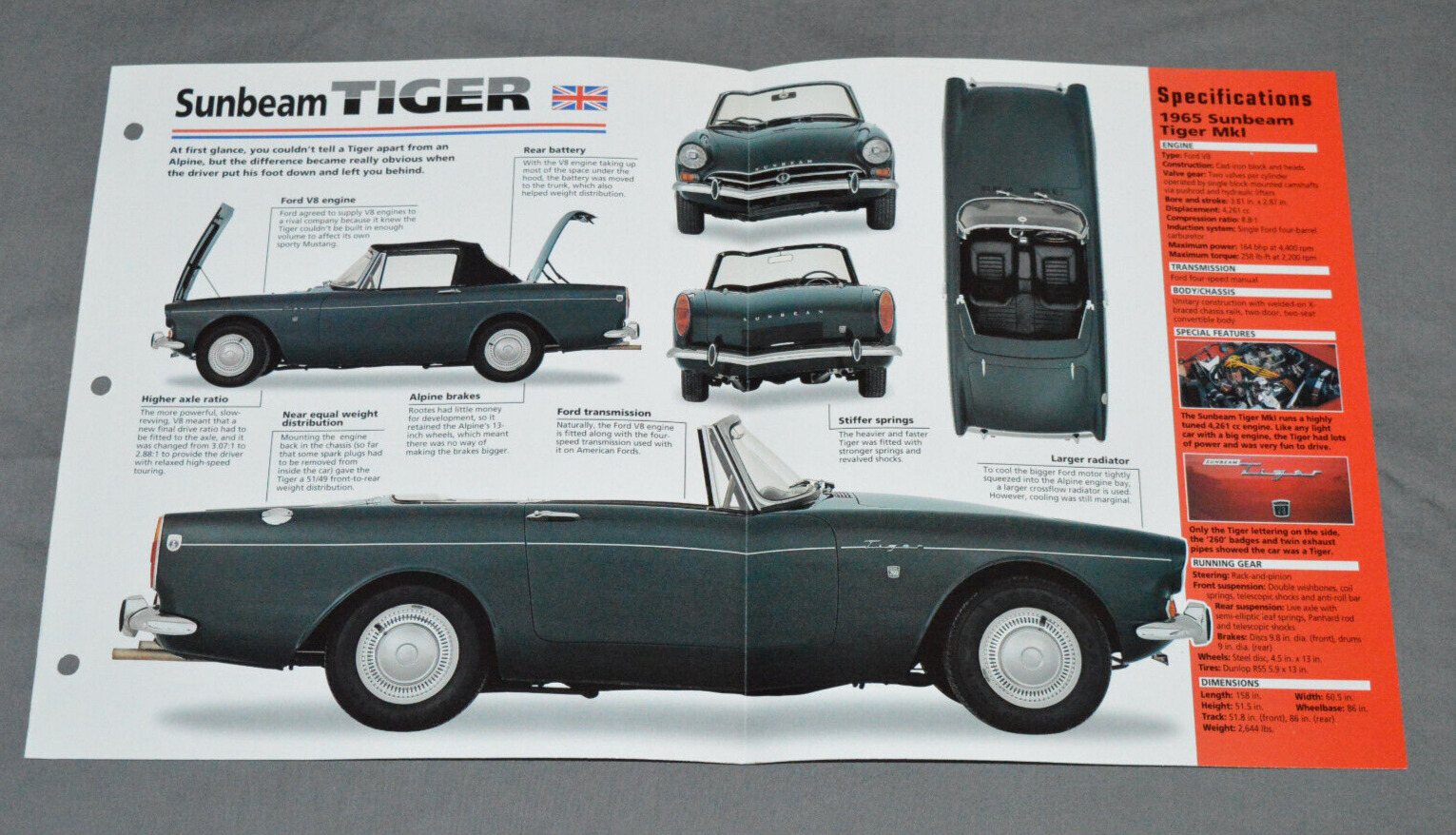 1964-1968 SUNBEAM TIGER  (1965 MK I) Car SPEC SHEET PHOTO BOOKLET BROCHURE