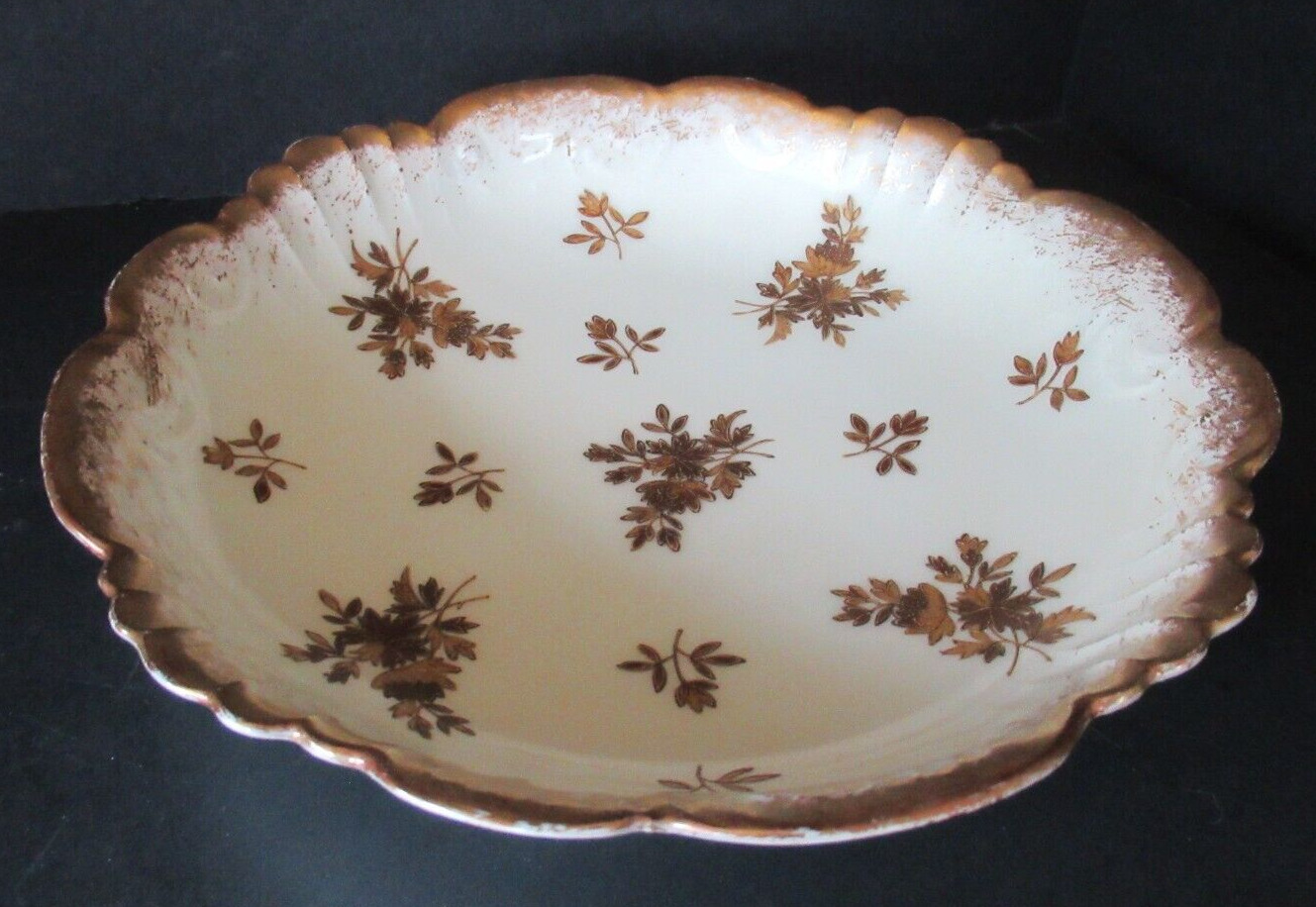 Antique vintage Limoges hand painted porcelain bowl brown floral relief gold 9