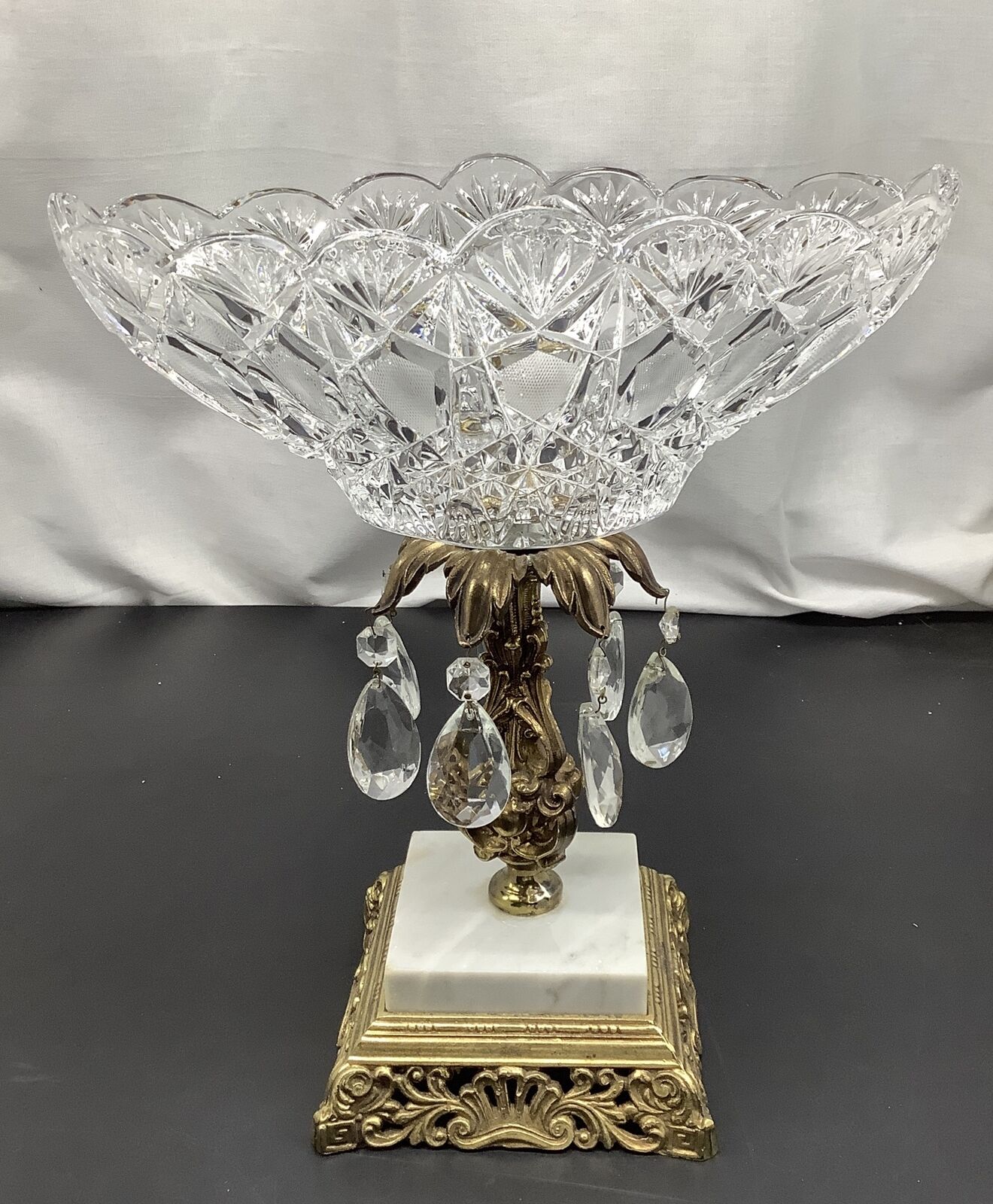 Vintage 14” Tall Crystal Prisms Brass Ornate Compote Centerpiece Marble Base