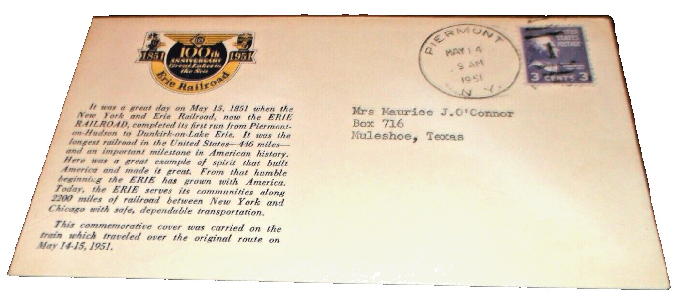 MAY 1951 ERIE RAILROAD 100TH ANNIVERSARY ENVELOPE PIERMONT NEW YORK K