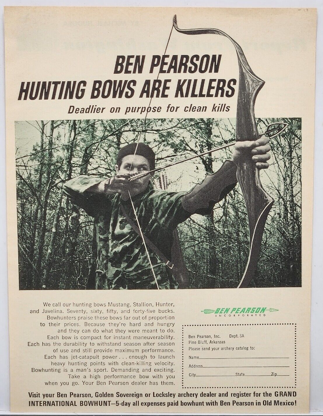 1965 Ben Pearson Hunting Bows Mustang Stallion Print Ad Pine Bluff Arkansas