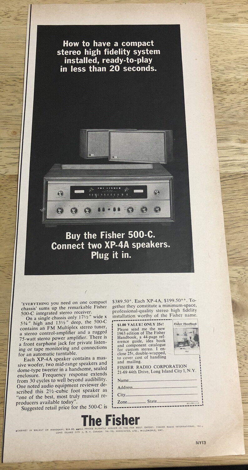 1963 FISHER 500-C Stereo High Fidelity Ad - Vintage Magazine Ad Clipping
