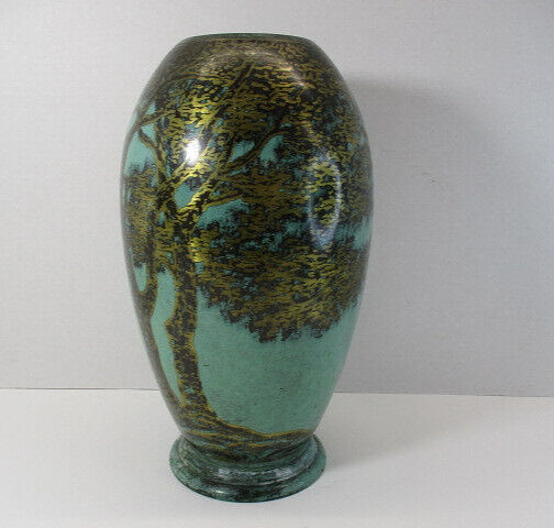 Vtg WMF IKORA Metal Vase Large Turquoise Gold Trees Asian Inspired Marked *Flaws