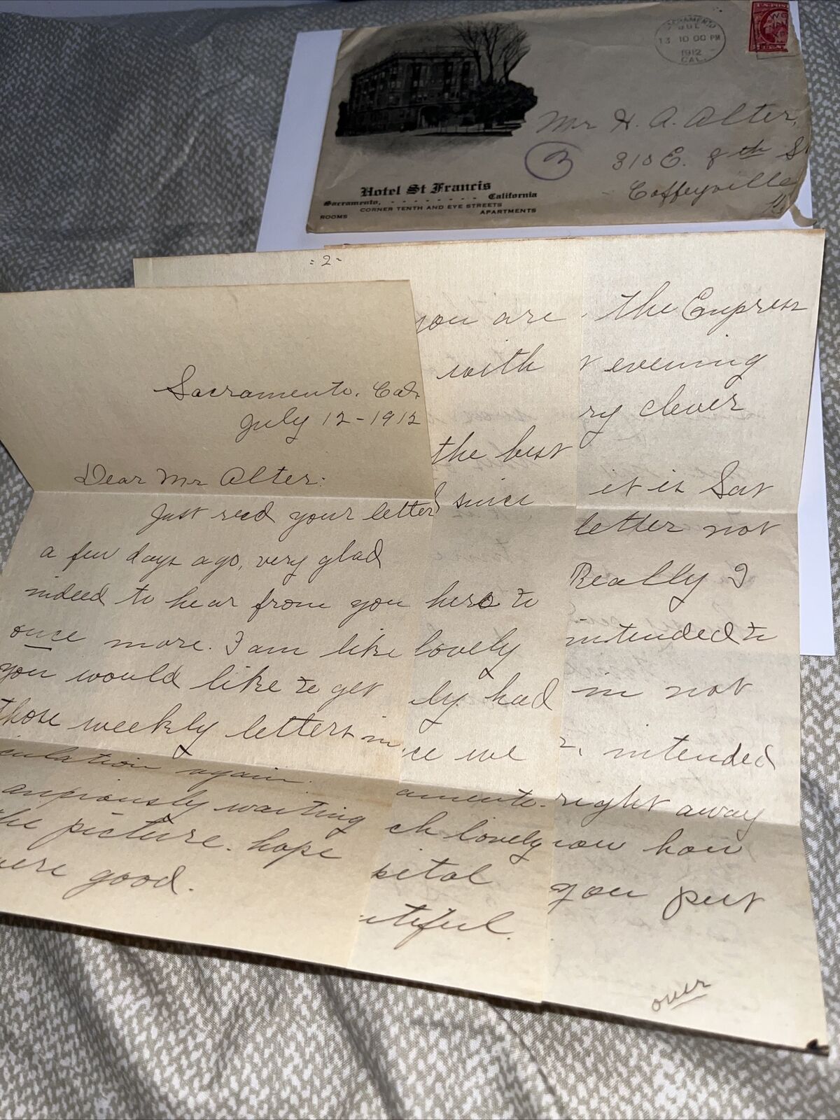 Old 1912 Letter to Kansas: St Nicholas Hotel Envelope Sacramento California CA