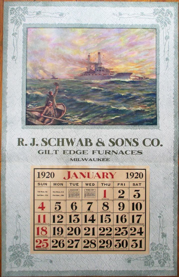 WWI Military Ship USS Columbia 1920 Advertising Calendar/Poster - Milwaukee, WI