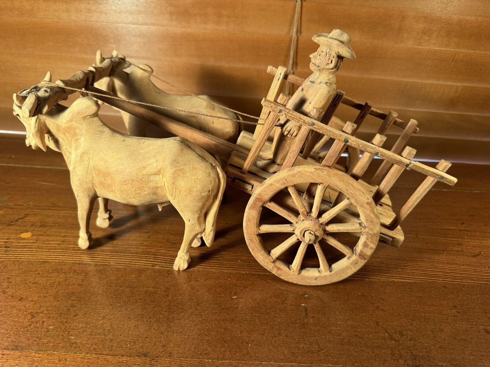 Vintage Hand Carved Wood Mexican Carreta-Wagon with Bueyes- Oxen Pulling Wagon