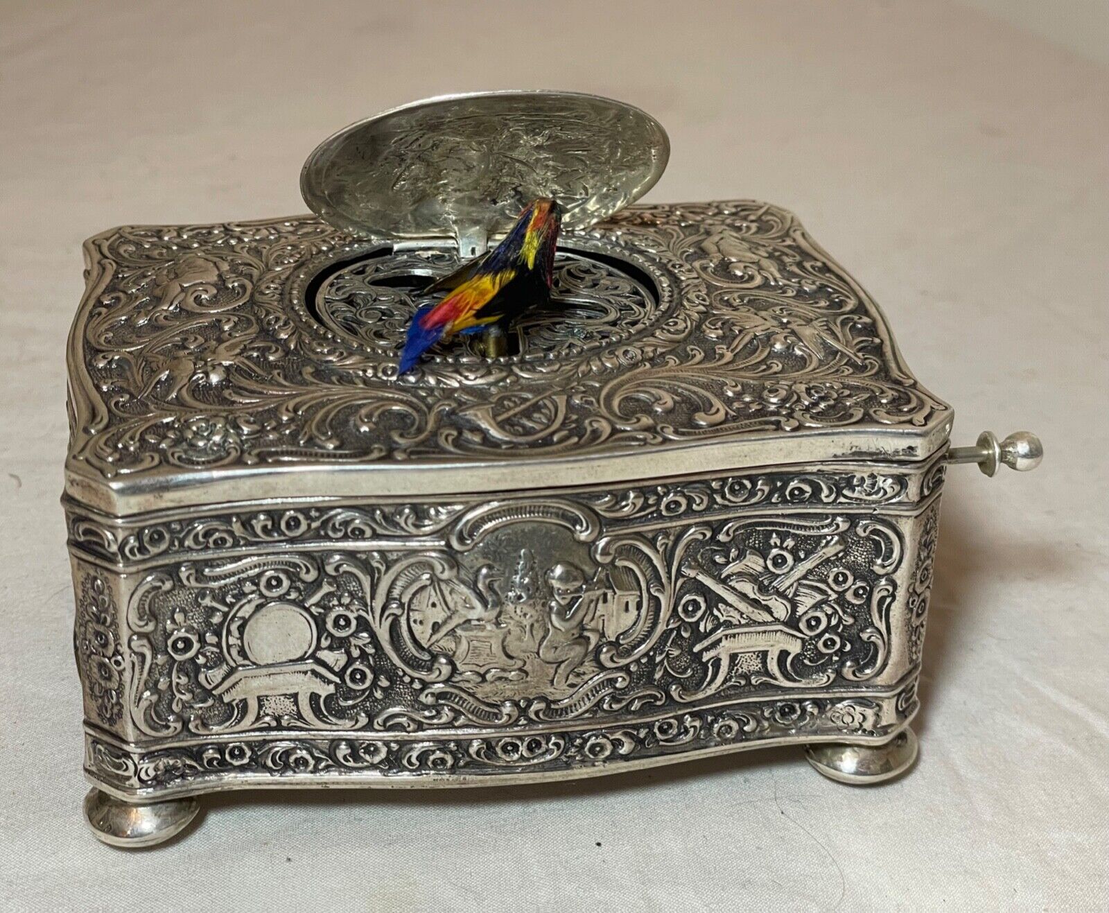 rare antique ornate sterling silver German singing bird mechanical music box