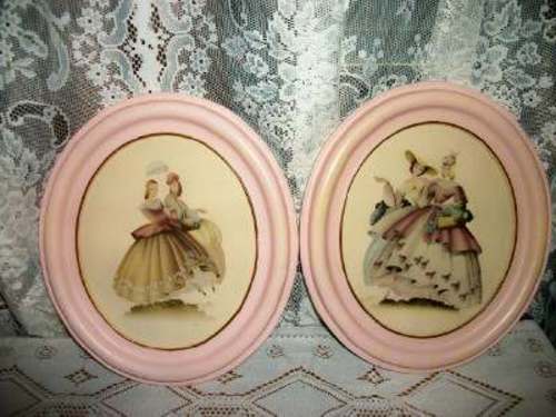 1920s CRINOLINE LADIES SOUTHERN BELLE PRINTS OVAL WOOD PINK FRAMES CHIPPY PAIR