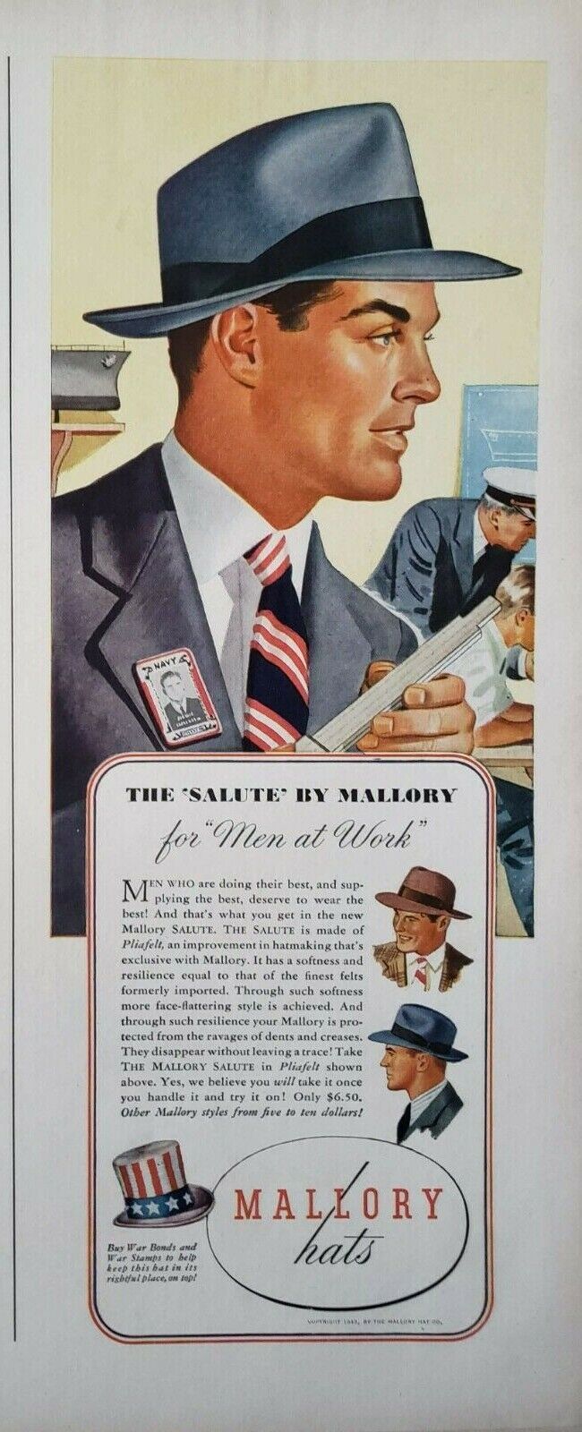 Lot of 2 Vintage 1943 Stetson Mallory Hat Print Ad Ephemera Art Decor