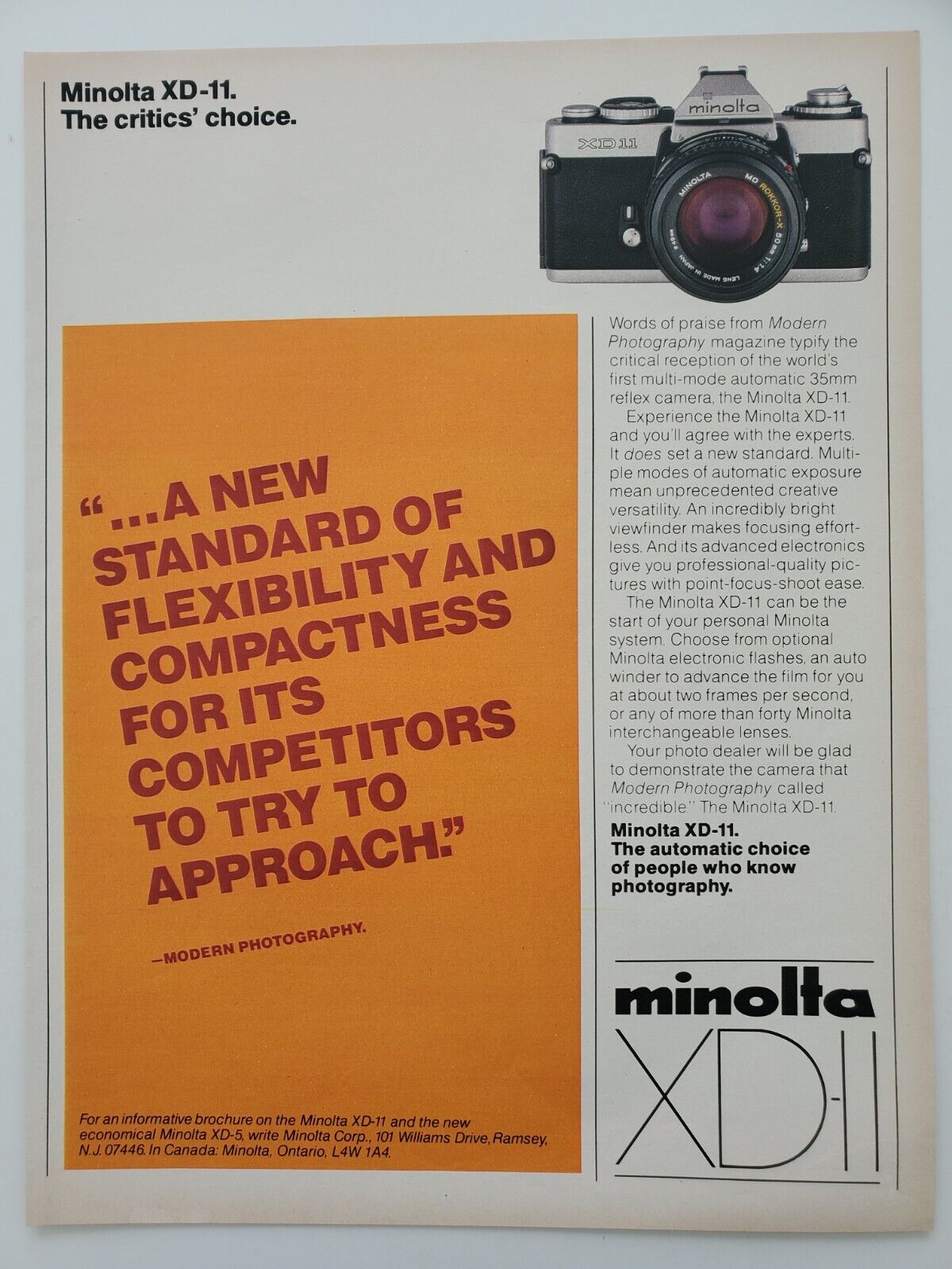 Minolta XD-11 35mm SLR Camera Modern Photography Praise 1979 Vintage Print Ad