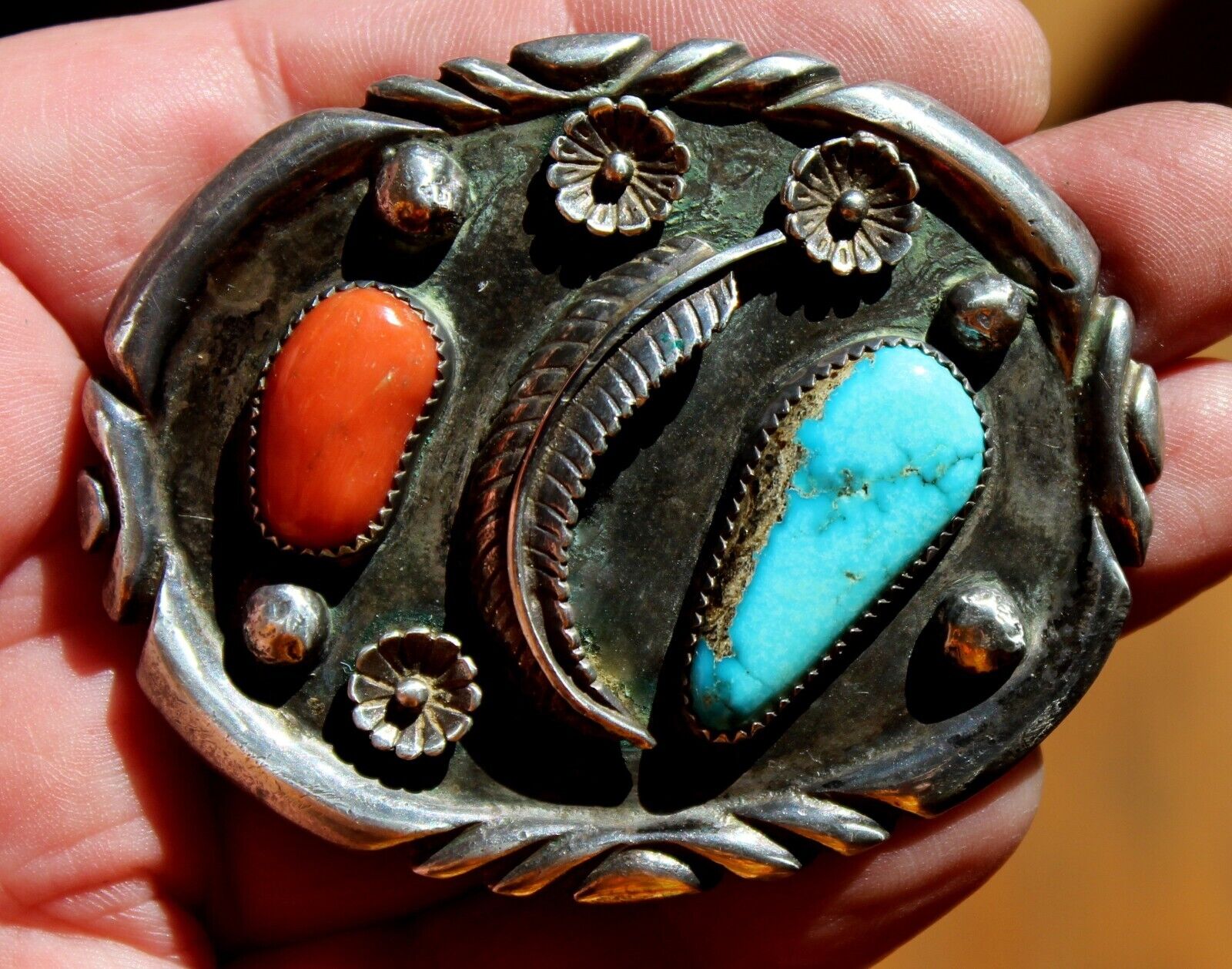 Old Navajo Sterling Silver & Turquoise Stone & Coral Belt Buckle SIGNED
